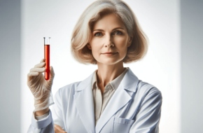 Portret starszej kobiety w białym fartuchu laboratoryjnym, trzymającej probówkę z czerwoną cieczą, na białym tle.